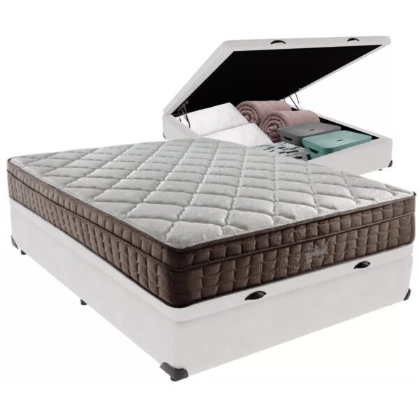 Colchão Casal Star One D28/AG D70 + Base Box Baú Corino Branco – ANJOS COLCHÕES + ALTO NÍVEL CAMAS E COLCHÕES