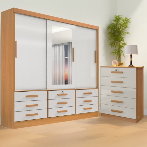 Guarda-Roupa 3 Portas Meridian + Cômoda Ipanema Cinamono/Off White – D’DORO MÓVEIS