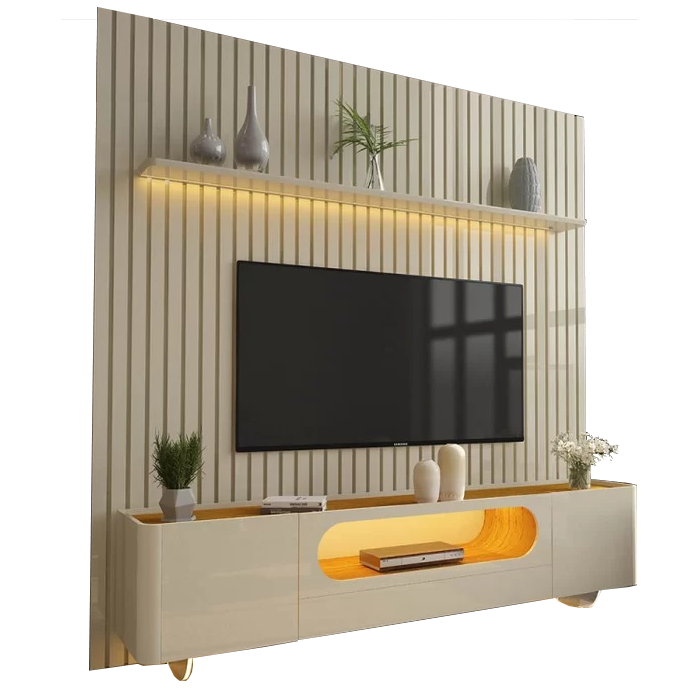 Painel até 85″ Nobre 230 Off White + Rack Nobre 210 (Pés de Vidro) Off White/Naturale – GELIUS - Imagem 2