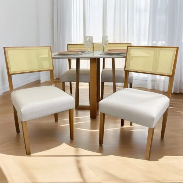 Mesa Pedro 120 Mel/Off White + 4 Cadeiras Grécia Mel/Linho Bege – ART ASSENTOS + HR MOVELARIA