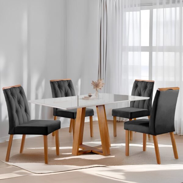 Mesa Ayres 120 Mel/Off White com 4 Cadeiras Yasmim Veludo Preto – VIEIRA DECOR