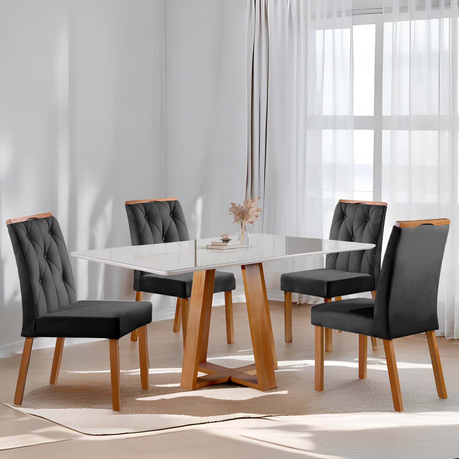 Mesa Ayres 120 Mel/Off White com 4 Cadeiras Yasmim Veludo Preto – VIEIRA DECOR