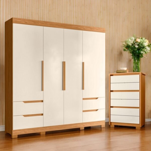 Guarda-Roupa 4 Portas Vivacce + Cômoda 6 Gavetas Unno Cinamono/Off White – MÓVEIS ALBATROZ