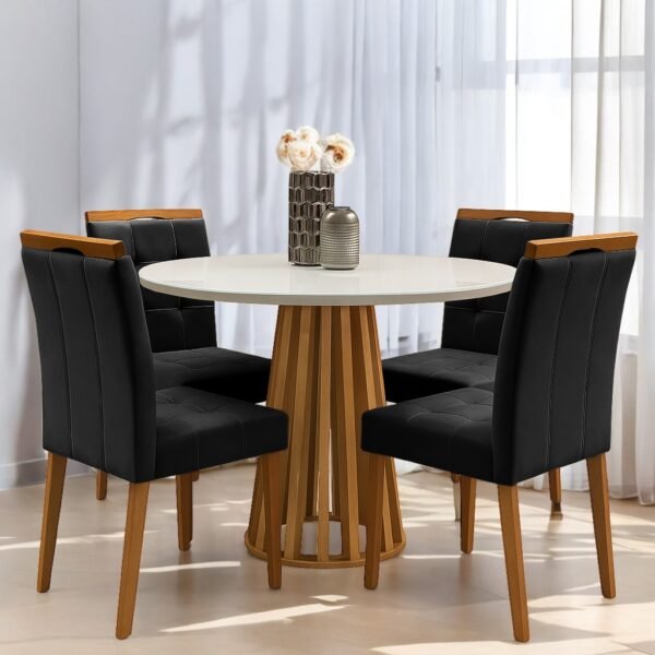 Mesa Redonda Berlim 100 Cinamono/Off White com 4 Cadeiras Sophia Veludo Preto – CEL MÓVEIS + WM DECOR