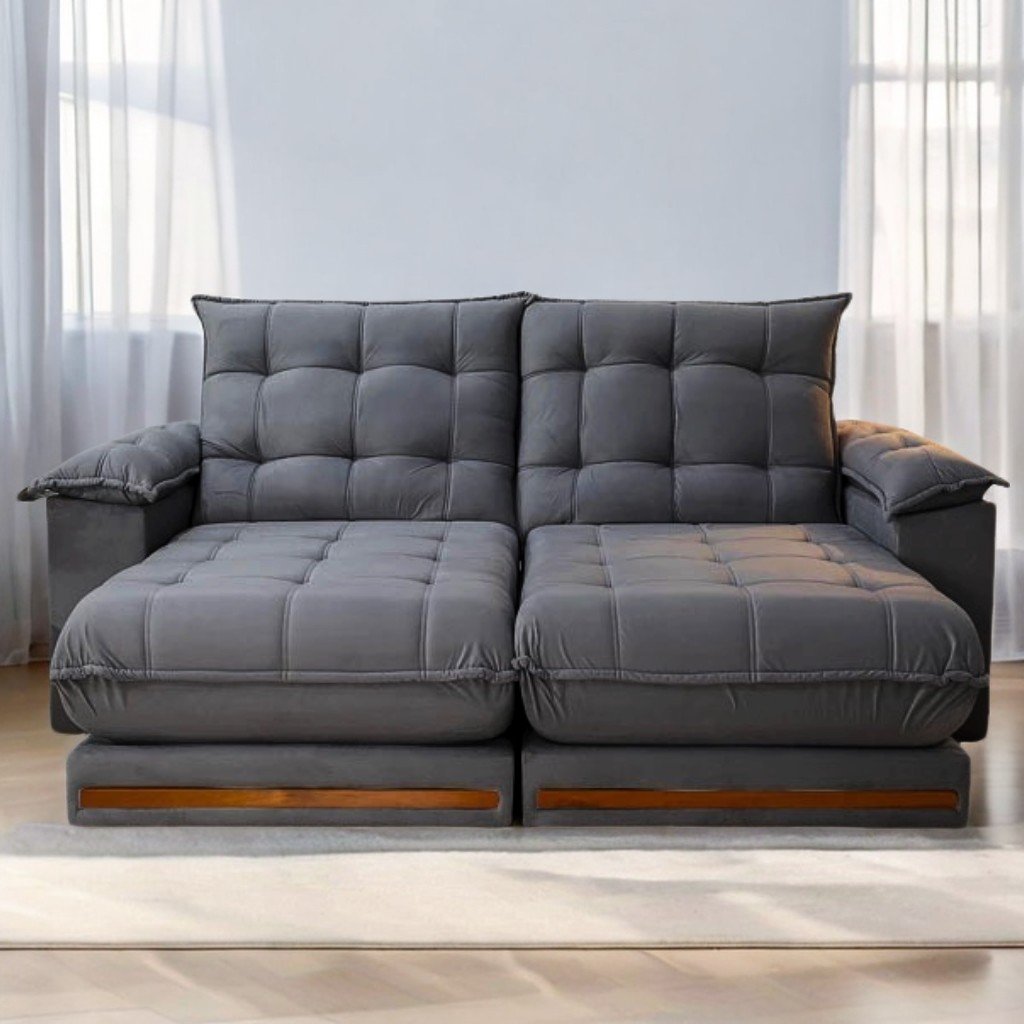 Sofá Retrátil e Reclinável Barcelona 2,50 m Veludo Cinza Grafite - ESTOFADOS TEIXEIRA