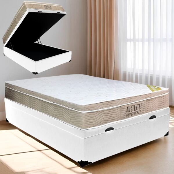 Colchão Casal Airtech Springpocket + Base Box Baú Corino Branco – ORTOBOM + BIOSTAR