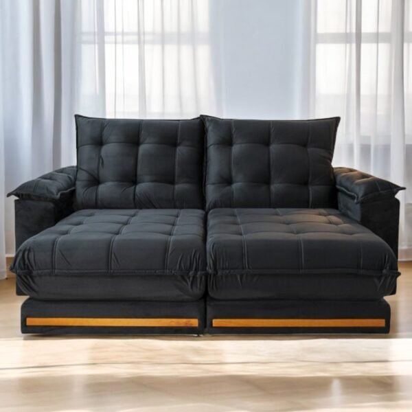 Sofá Retrátil e Reclinável Barcelona 2,50 m Veludo Preto - ESTOFADOS TEIXEIRA