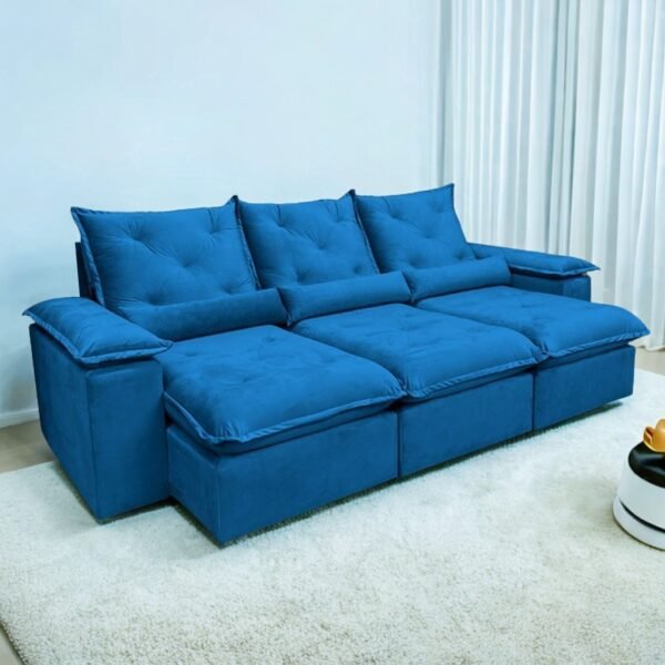 Sofá Retrátil e Reclinável Brasão 2,70 m Veludo Azul - MD ESTOFADOS