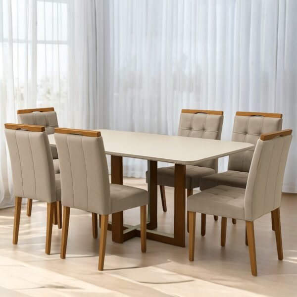 Mesa Atlas Mel/Off White Canto Copo 160×80 com 6 Cadeiras Sophia Veludo Bege – ART ASSENTOS + WM DECOR