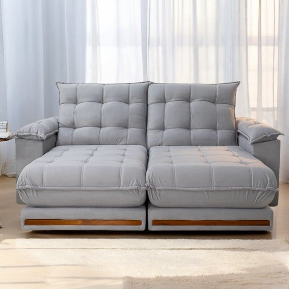 Sofá Retrátil e Reclinável Barcelona 2,50 m Veludo Cinza Prata - ESTOFADOS TEIXEIRA