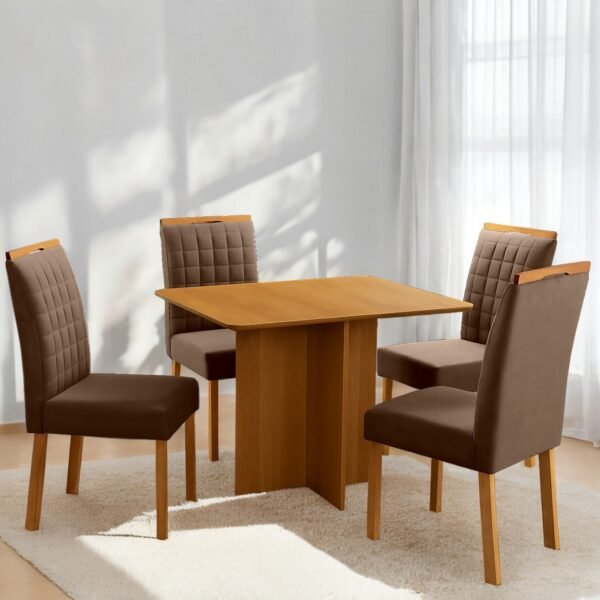 Mesa Pérola 90 Imbuia Mel (Tampo Viena s/vidro) + 4 Cadeiras Pandora 01 Veludo Marrom 134 – CARVALHO DECOR