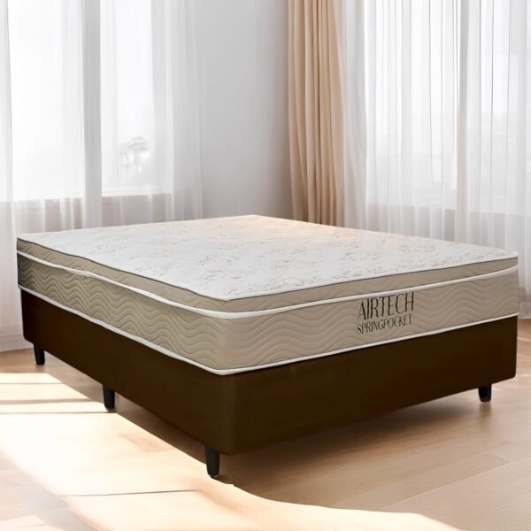 Colchão Casal Airtech Springpocket + Base Box Simples Corino Marrom – ORTOBOM + BIOSTAR