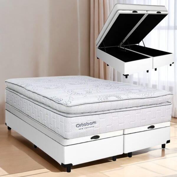 Colchão Queen New Freedom + Base Box Baú Corino Branco – ORTOBOM + BIOSTAR