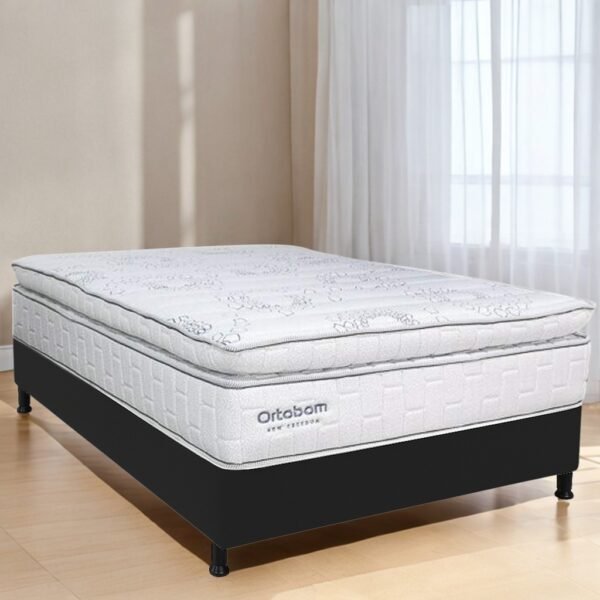 Colchão Casal New Freedom + Base Box Simples Corino Preto – ORTOBOM + BIOSTAR