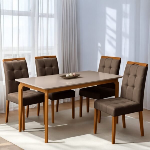 Mesa Alegra 120 Cinamomo/Off White com 4 Cadeiras Sophia Veludo Marrom – JCM MOVELARIA + WM DECOR