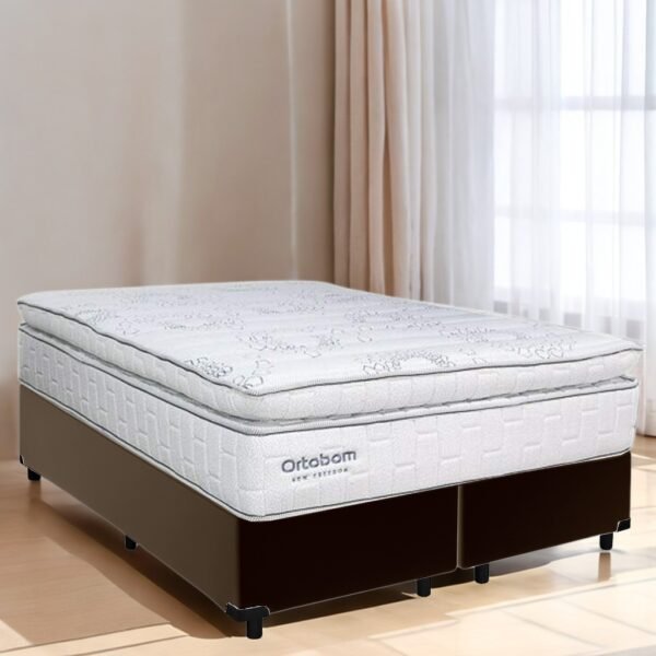 Colchão Queen New Freedom + Base Box Simples Corino Marrom – ORTOBOM + ALTO NÍVEL CAMAS E COLCHÕES