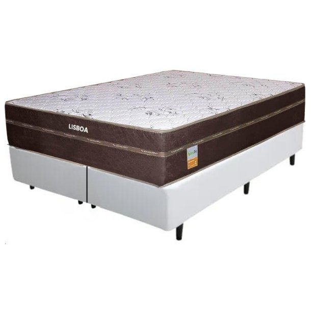 Colchão Queen Lisboa D28 + Base Box Simples Corino Branco – ECOTEC + ALTO NÍVEL CAMAS E COLCHÕES