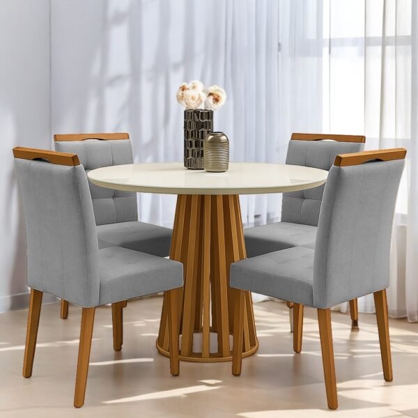 Mesa Redonda Berlim 100 Cinamono/Off White com 4 Cadeiras Sophia Linho Cinza Grafite 202 – CEL MÓVEIS + WM DECOR