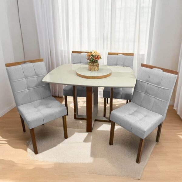 Mesa Atlas Mel/Off White Canto Barril 120×90 com 4 Cadeiras Sophia Mel/Linho Cinza Grafite 202 – ART ASSENTOS + WM DECOR