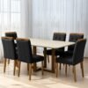 Mesa Atlas Mel/Off White Canto Copo 160×80 com 6 Cadeiras Sophia Veludo Preto – ART ASSENTOS + WM DECOR