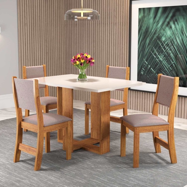 Mesa 4 Cadeiras Magic Mel/Blonde com 4 Cadeiras Sol Linho Bronze - VIERO MÓVEIS - Imagem 2