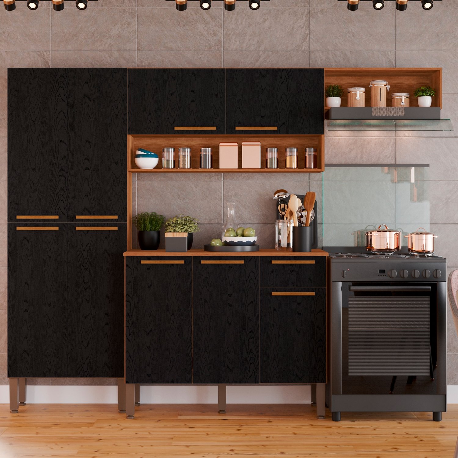 Cozinha Completa com Balcão Madri Cinamomo/Preto - SALLÊTO - Imagem 2