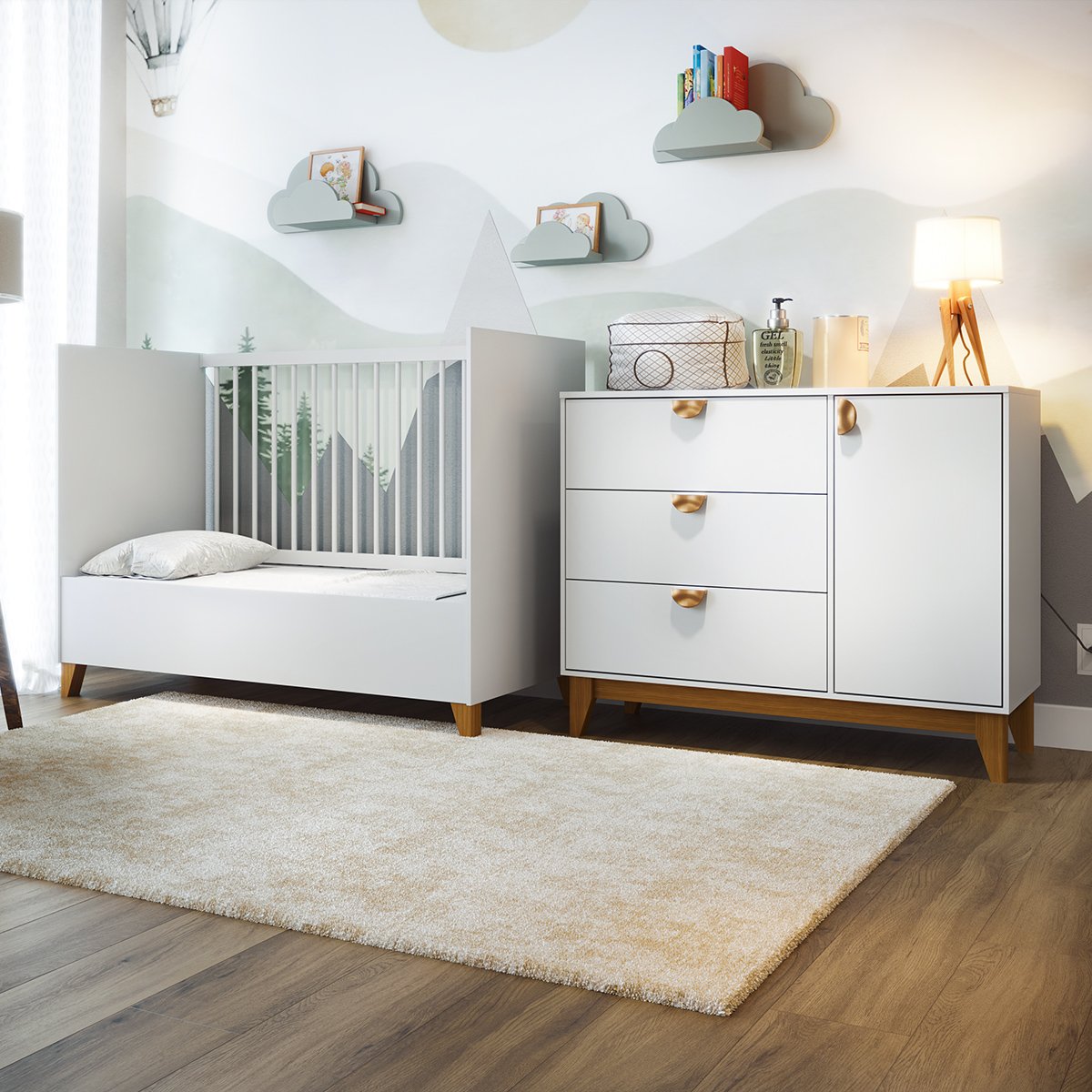 Cômoda 3 Gavetas com Porta + Berço Americano Magia Branco - BATROL MÓVEIS - Imagem 2