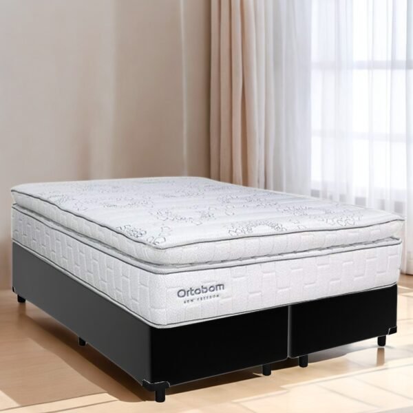 Colchão Queen New Freedom + Base Box Simples Corino Preto – ORTOBOM + ALTO NÍVEL CAMAS E COLCHÕES