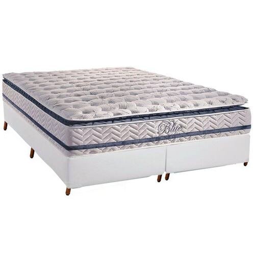 Colchão Queen Blue D33 + Base Box Simples Corino Branco – PAROPAS + ALTO NÍVEL CAMAS E COLCHÕES