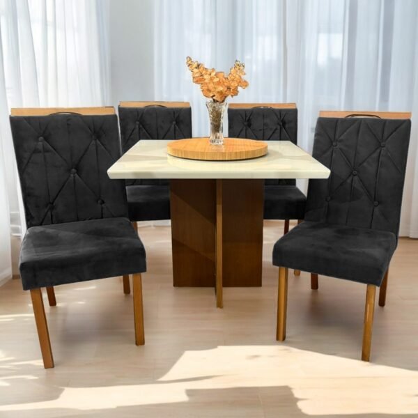 Mesa Salinas 90 Cinamomo/Off White com 4 Cadeiras Yasmim Veludo Preto – AVALON DECOR + KM DECOR