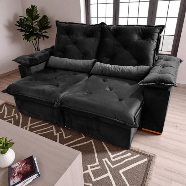 Sofá Retrátil e Reclinável Porto Madero 2,00 m Veludo Preto - IMPERIAL DECOR