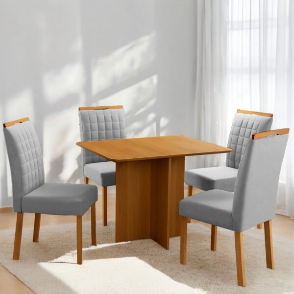 Mesa Pérola 90 Imbuia Mel (Tampo Viena s/vidro) + 4 Cadeiras Pandora 01 Veludo Cinza Prata 127 – CARVALHO DECOR