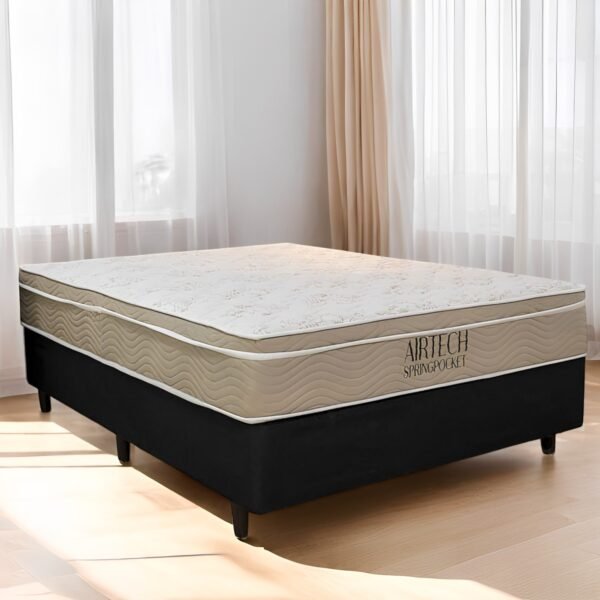 Colchão Casal Airtech Springpocket + Base Box Simples Corino Preto – ORTOBOM + BIOSTAR