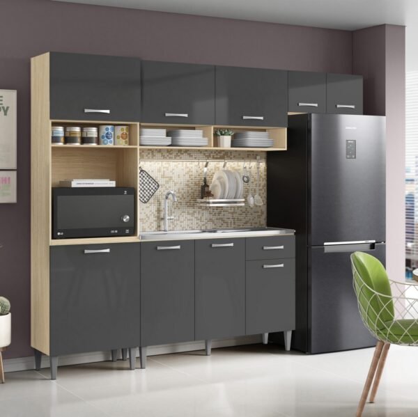 Cozinha Aurora + Balcão para Pia Atenas 249,7 m Avena/Grafite – ARAMÓVEIS