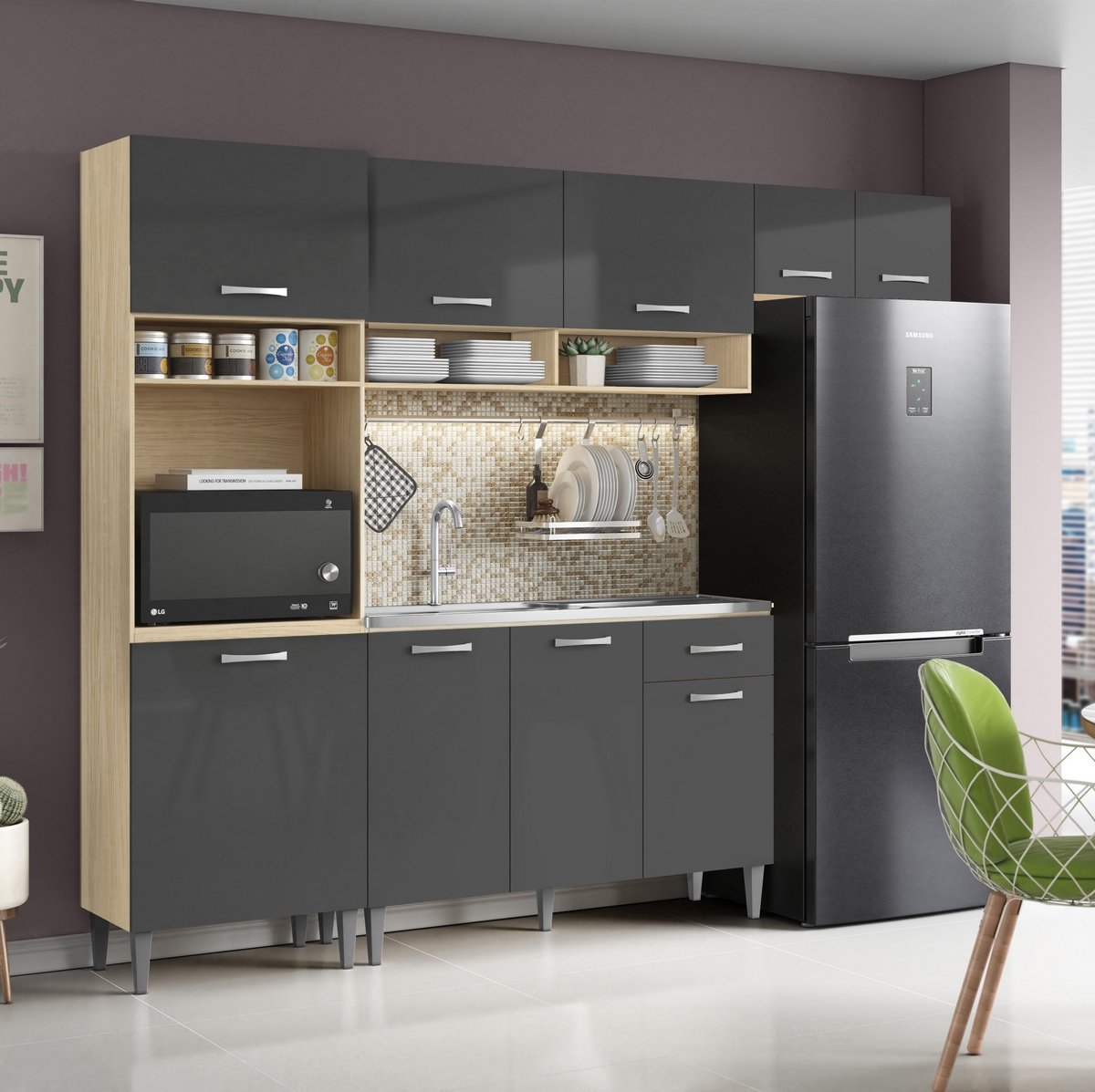 Cozinha Aurora + Balcão para Pia Atenas 249,7 m Avena/Grafite – ARAMÓVEIS