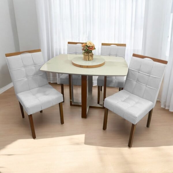 Mesa Atlas Mel/Off White Canto Barril 120×90 com 4 Cadeiras Sophia Mel/Linho Cinza Prata 206 – ART ASSENTOS + WM DECOR