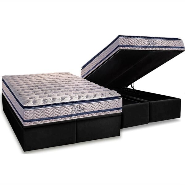 Colchão Queen Blue + Base Box Baú Corino Preto – PAROPAS + ALTO NÍVEL CAMAS E COLCHÕES