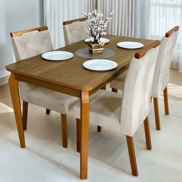 Mesa Alegra 120 Cinamomo com 4 Cadeiras Yasmim Veludo Bege – JCM MOVELARIA + KM DECOR