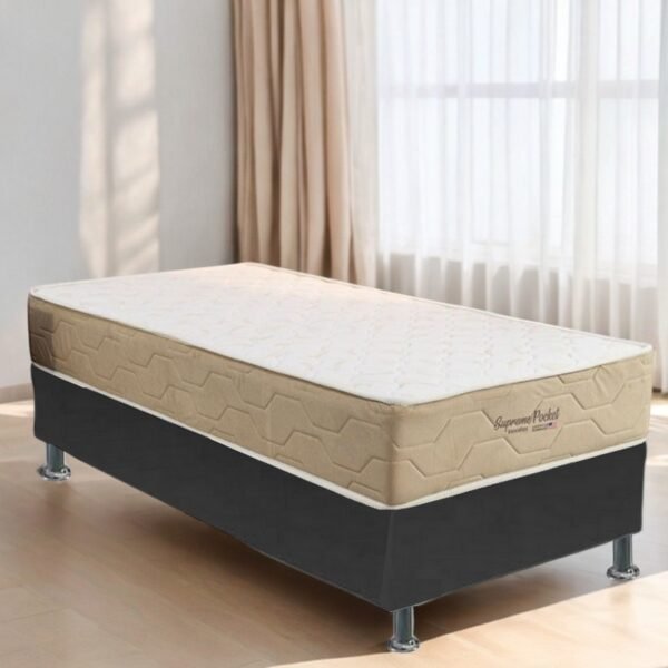 Colchão Solteiro Supreme Pocket D26 + Base Box Simples Corino Preto – INOVAFLEX + ALTO NÍVEL CAMAS E COLCHÕES