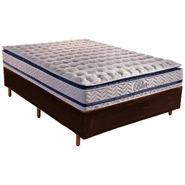 Colchão Casal Blue D33 + Base Box Simples Corino Marrom – PAROPAS + ALTO NÍVEL CAMAS E COLCHÕES