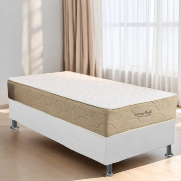 Colchão Solteiro Supreme Pocket D26 + Base Box Simples Corino Branco – INOVAFLEX + ALTO NÍVEL CAMAS E COLCHÕES