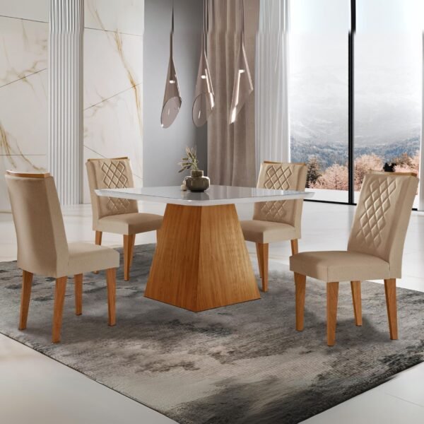 Mesa Luna 90 Canto Copo Imbuia/Ripado/Off White com 4 Cadeiras Jade Linho Turim 07 – RUFATO