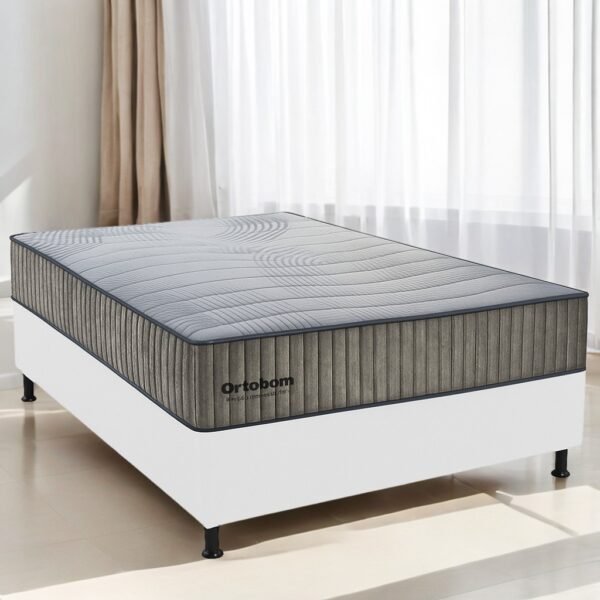 Colchão Casal Exclusive Foam D33 + Base Box Simples Corino Branco – ORTOBOM + ALTO NÍVEL CAMAS E COLCHÕES