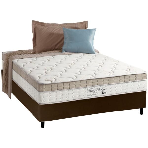 Colchão Casal King Best D28 + Base Box Simples Corino Marrom – ANJOS COLCHÕES + ALTO NÍVEL CAMAS E COLCHÕES