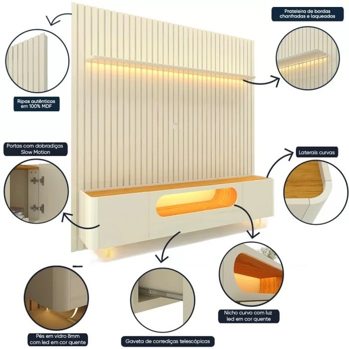 Painel até 85″ Nobre 230 Off White + Rack Nobre 210 (Pés de Vidro) Off White/Naturale – GELIUS - Imagem 3