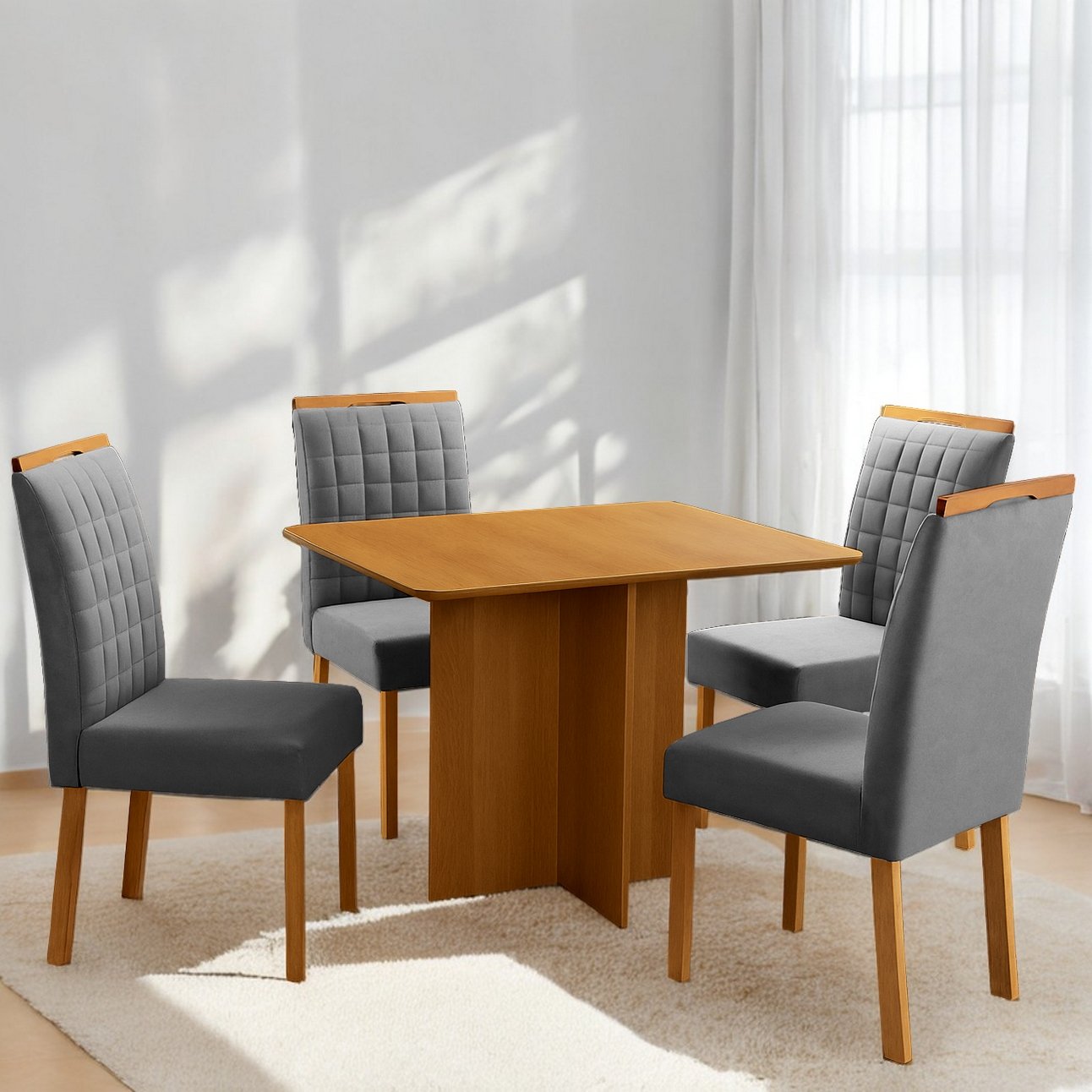 Mesa Pérola 120 Imbuia Mel (Tampo Viena s/vidro) + 4 Cadeiras Pandora 01 Veludo Cinza Grafite 414 – CARVALHO DECOR