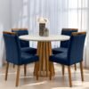 Mesa Redonda Berlim 100 Cinamono/Off White com 4 Cadeiras Sophia/Capri Veludo Azul – CEL MÓVEIS + WM DECOR