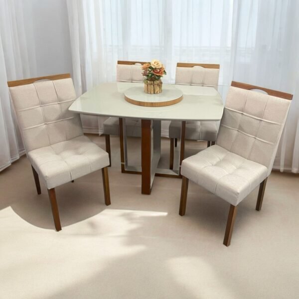 Mesa Atlas Mel/Off White Canto Barril 120×90 com 4 Cadeiras Sophia Mel/Veludo Bege – ART ASSENTOS + WM DECOR