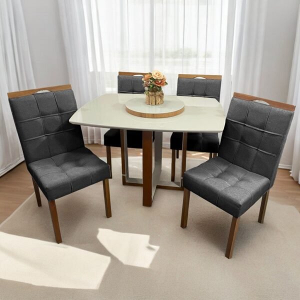 Mesa Atlas Mel/Off White Canto Barril 120×90 com 4 Cadeiras Sophia Mel/Veludo Cinza Grafite – ART ASSENTOS + WM DECOR