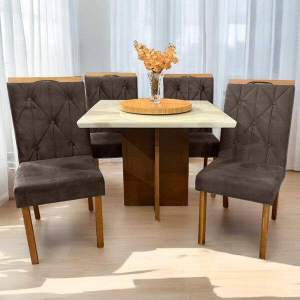 Mesa Salinas 90 Cinamomo/Off White com 4 Cadeiras Yasmim Veludo Marrom – AVALON DECOR + KM DECOR
